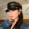 Japanese PU Leather Octagonal Hat Female British Retro Leather Beret Versatile Flat Top Newsboy Hat
