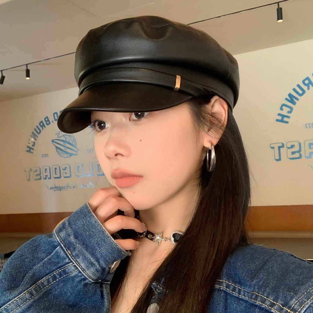 Japanese PU Leather Octagonal Hat Female British Retro Leather Beret Versatile Flat Top Newsboy Hat