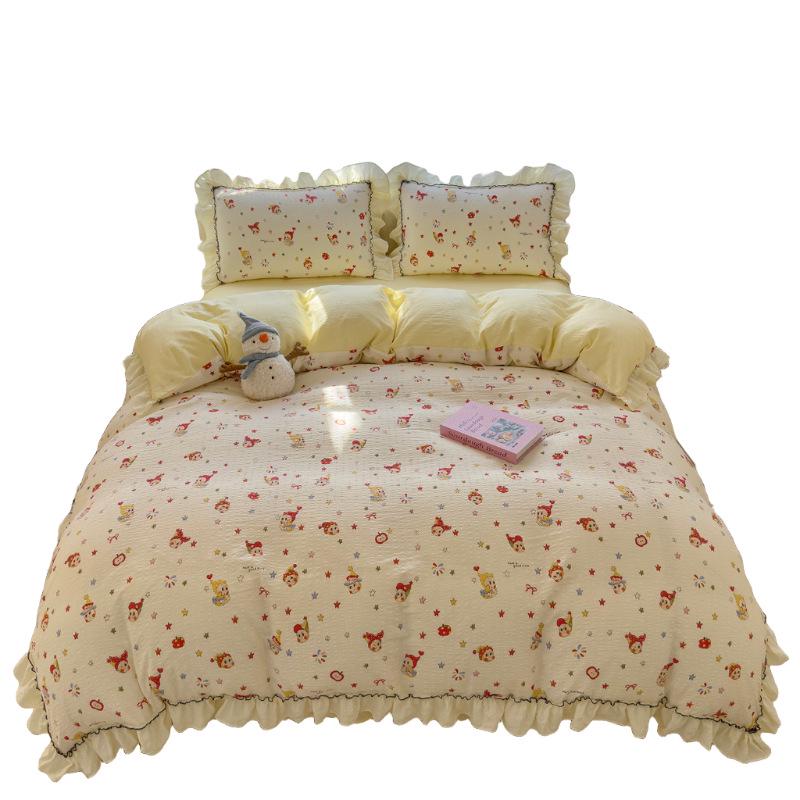Korean Style Puff Gauze Lace Bedding Set - 4-Piece for Children's Dormitory Bed.