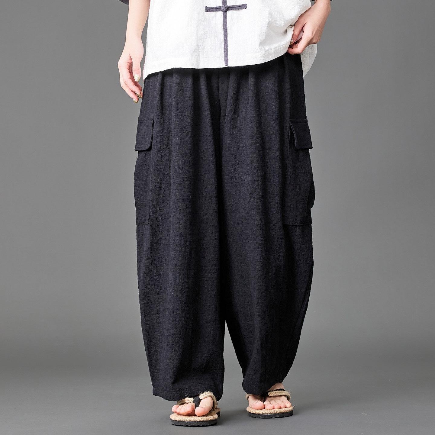 Mens Japanese Retro Linen Cotton Multi Pocket Wide Leg Casual Work Trousers M чёрный