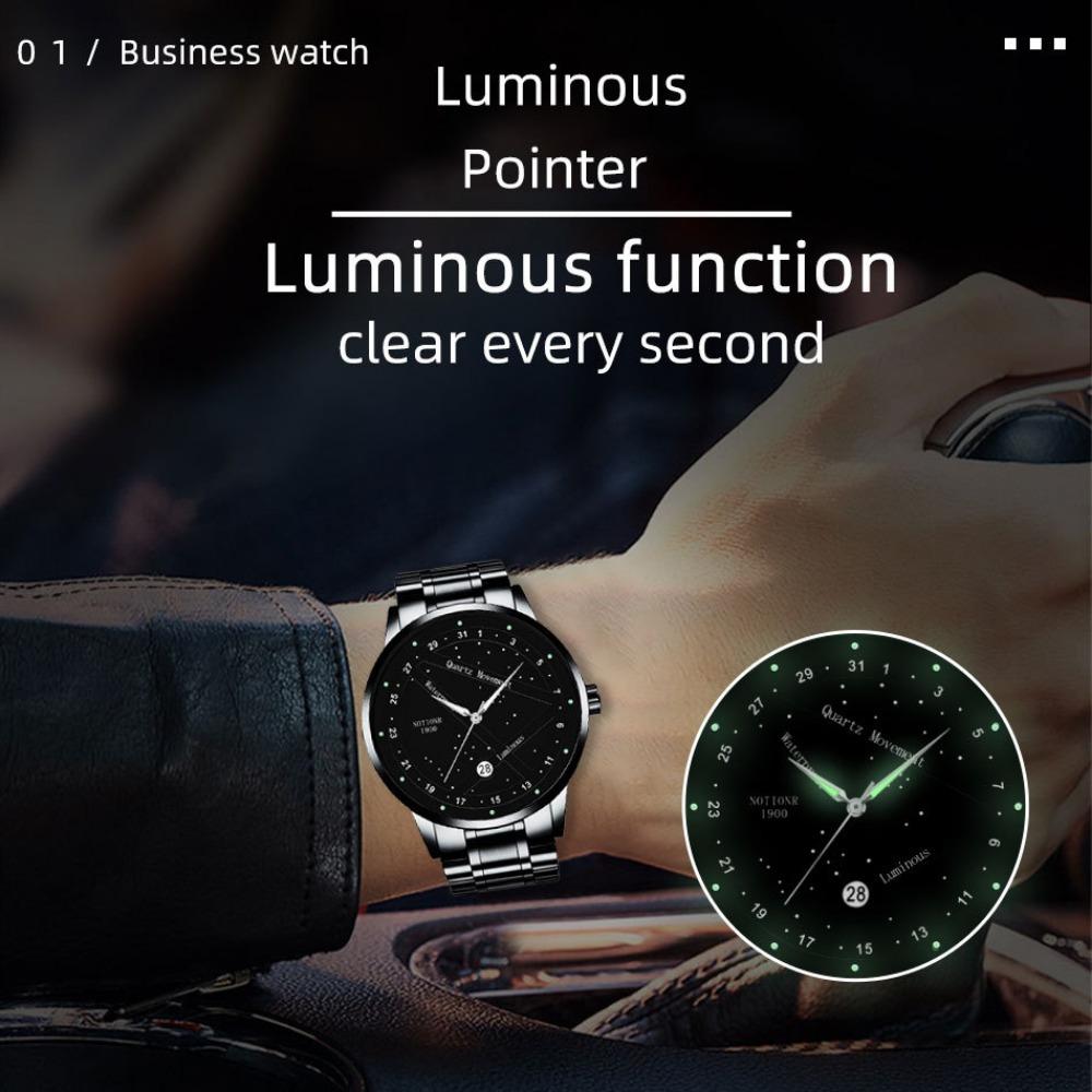 2pcs/set NOTIONR Business Men's Stainless Steel Wristwatches, Fashion Luminous Calendar Quartz Watch,Men's Gift Options