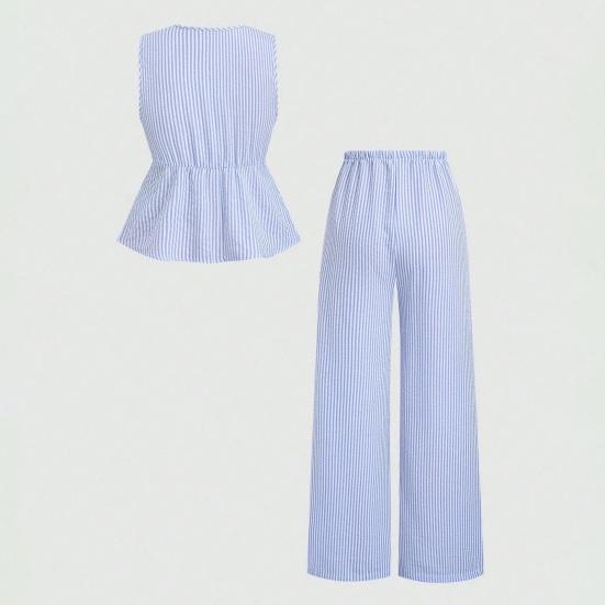 Women's Striped 2 Piece Outfits Tie Front Ruffle Tank Top And Wide Leg Pants Sets Summer Casual Sleeveless Lounge Sets