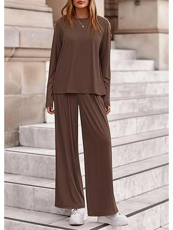 Women's Autumn 2-Piece Set: Long Sleeve Ribbed Knit Top & Wide Leg Pants - Casual & Postpartum Wear