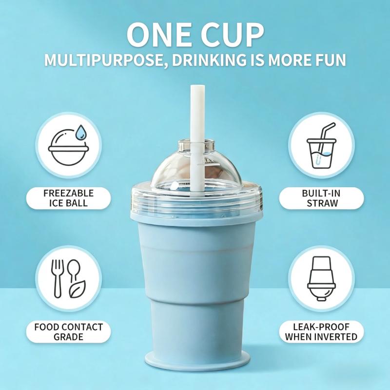 New Portable Foldable Ice Ball Cup with Built-in Straw, Food-Grade Silicone Ice Maker Mold, Summer Outdoor Travel Tumbler