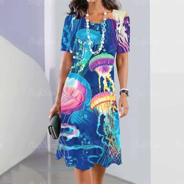Elegantes Damen-Mode-Midikleid mit kurzen Ärmeln und 3D-Druck, Übergröße, Strandbekleidung