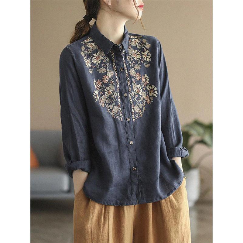 Cotton and Linen Long-sleeved Embroidered Shirt Women's Spring and Autumn Fashion Loose and Thin Comfortable Shirt Bottoming Shirt