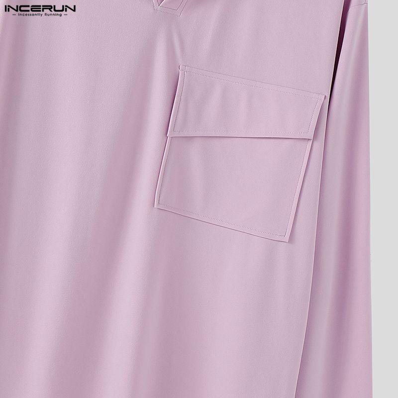 INCERUN Oversized Men Lapel Neck Long Sleeve Solid Loose Casual T-Shirts Tops