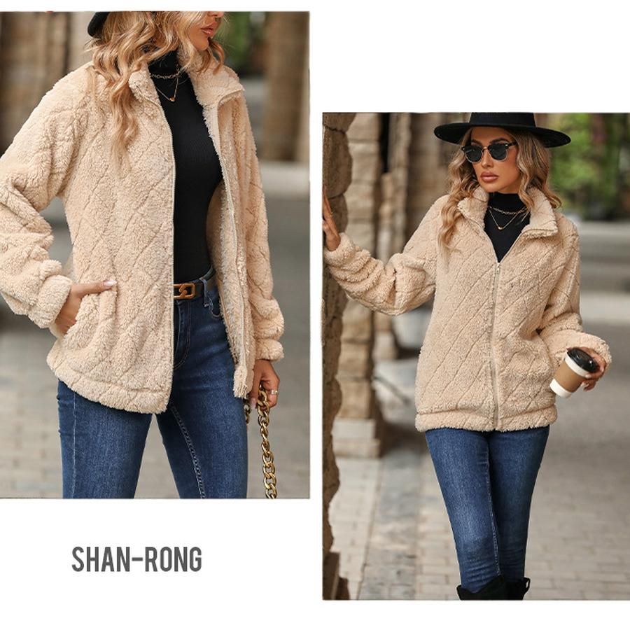 Schimmernder Fleece Damen-Übermantel Herbst Winter Neu Langarm Reißverschluss Gesteppter Mantel für Damen