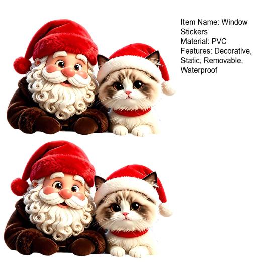 Reusable PVC Window Film Christmas Santa Claus & Cat Static Clings, Waterproof Glass Stickers, Holiday Stickers Decorative Decals for Home Doors Store
