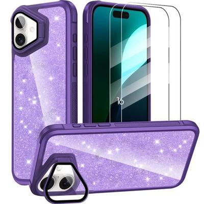 Case + 2 Tempered Glasses for iPhone 16, Bling Glitter Case with Camera Protection - Translucent Purple