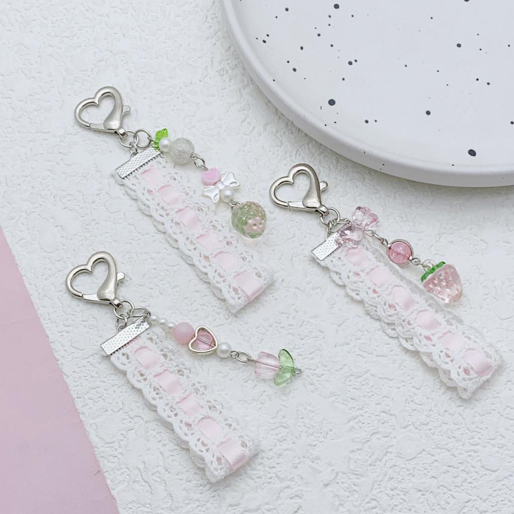 Cute Strawberry and Butterfly Phone Charm Charming Lace and Bead Keychain Phone Strap with Strawberry and Tulip Ornament