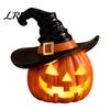 Window Display Holiday Prop Halloween Pumpkin LED Light with Witch Hat, Resin Decorative Fall Seasonal Ornaments Head Ornament, Creepy Figurine