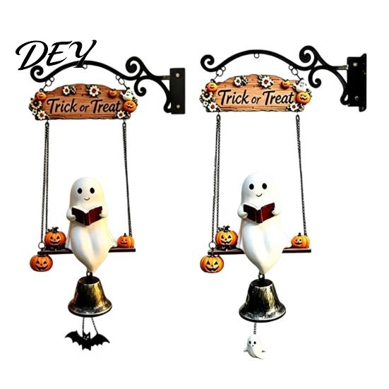 Halloween Hanging Bell Decoration Ghost Wind Chime Wall Hanging, Porch Yard Decor with Resin Metal Bell, Festive Vintage Farmhouse Ornament for Garden