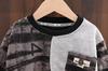Spring & Autumn Boys' Digital Stripe Ripped Hoodie Two-Piece Set - Color Block, Long Sleeve, Round Neck.