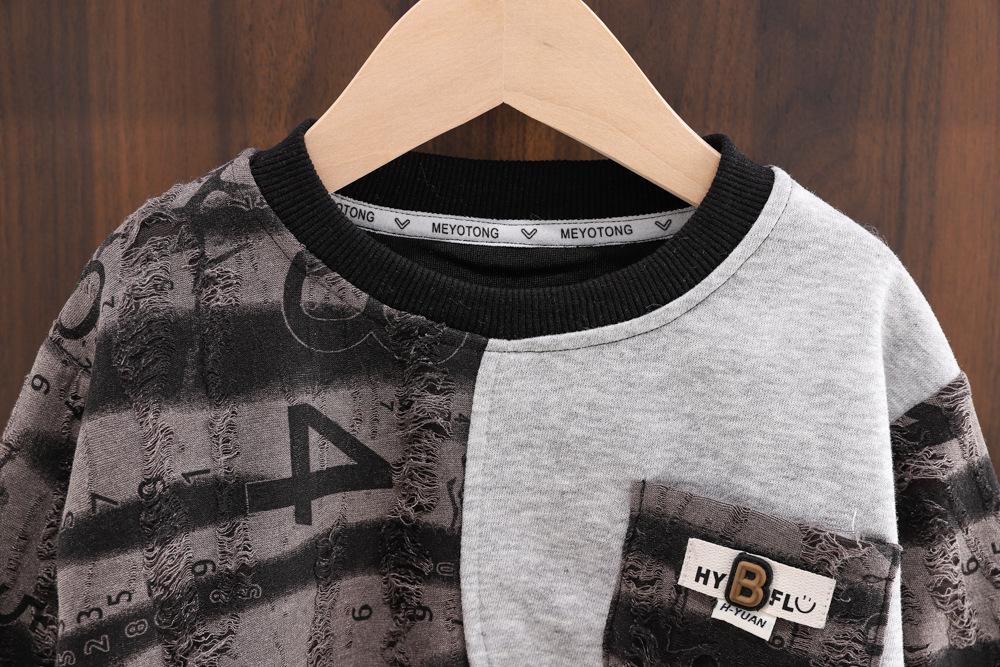 Spring & Autumn Boys' Digital Stripe Ripped Hoodie Two-Piece Set - Color Block, Long Sleeve, Round Neck.