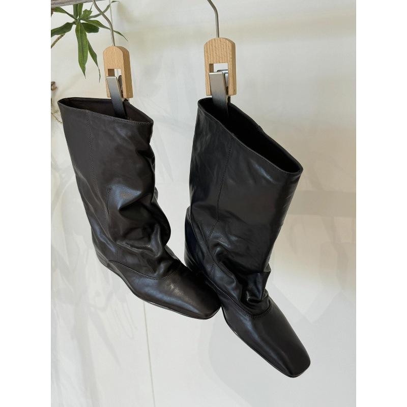 Cowhide~ Autumn and Winter New Inner Height Increase 5cm Boots Square Head Loose Sleeve Medium Boots Women's Short Boots Fashion Knight Boots