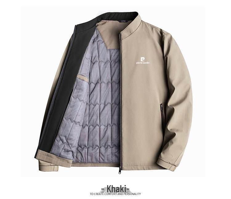 Męska bawełniana kurtka Pierre Cardin z kołnierzem stójką, styl "taty", pogrubiona na jesień/zimę 2025.