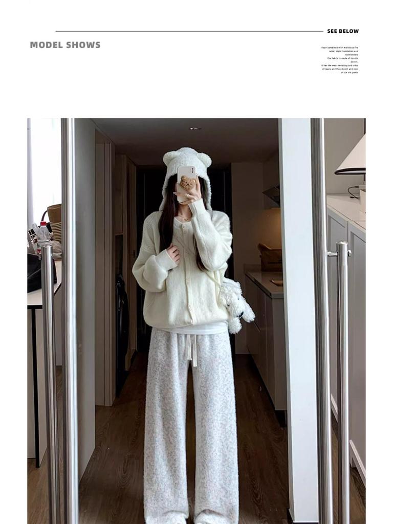 145 Petite High Waist Rainbow Fleece Pants - Soft, Loose, Wide-Leg for Women (Autumn/Winter) 150cm