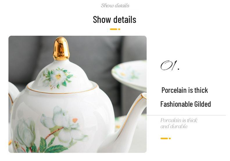 Camellia Gold-Trim Bone China Coffee Set: Cup, Saucer, Spoon, Pot, Milk Jug, Sugar Bowl, Pastry Skewer, Plate - Light Luxury.