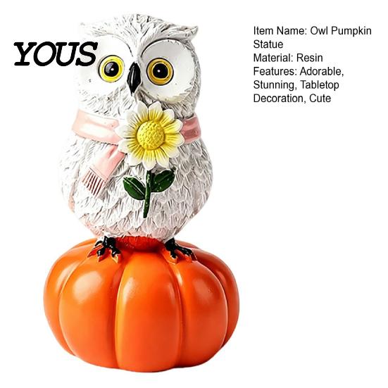 Halloween Owl Pumpkin Decor Fall Figurine, Resin On Statue with Indoor Seasonal Shelf Displays Sunflower for Autumn Thanksgiving Tabletop, Mantel,