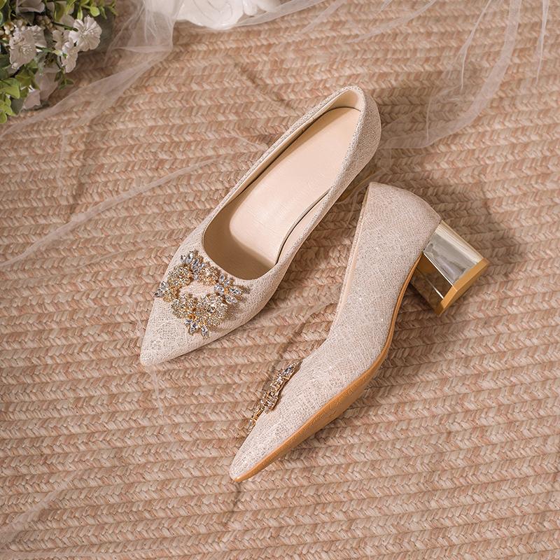 2026 New Fashion  Women's Elegant Black Mid Block Heels Pumps with Crystal Rhinestone Pointed Toe Dress Shoes