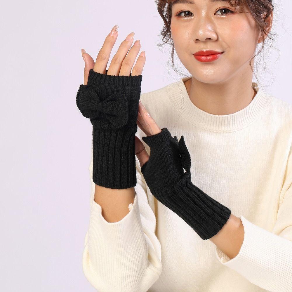 Thick Warm Bowknot Knitted Gloves Soft Half Finger Gloves Cute Arm Warmers  Women Girls
