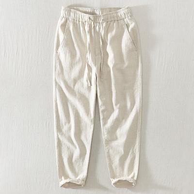 Men's Straight Loose Pants Cotton and Linen Cropped Pants, Thin Drawstring Elastic Waist Casual Pants