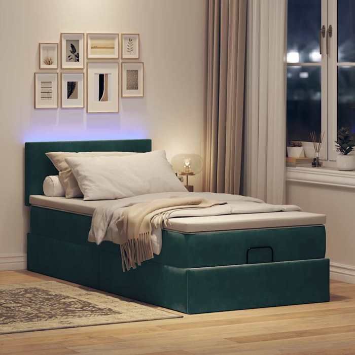 VidaXL Ottoman Bed with Mattress and LED Dark Green 90x200cm Velvet 3312527