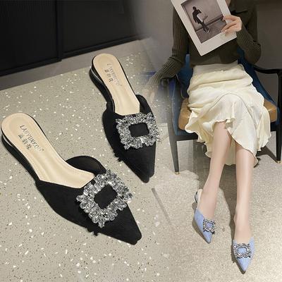 French Rhinestone Bag Head Half Slippers Women's Outer Wear Summer 2024 New Thin Heel Lazy Cool Slippers High Heel Muller Shoes