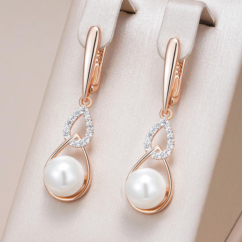 Luxury  Rose Gold Color Drop English Earrings For Women Unique Geometric Pearl Earrings Bridal Wedding Jewelry  New