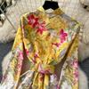 Spring Autumn Women Vintage Print Lace-up Collar Single Breasted Long Maxi Holiday Party Dresses with Belt