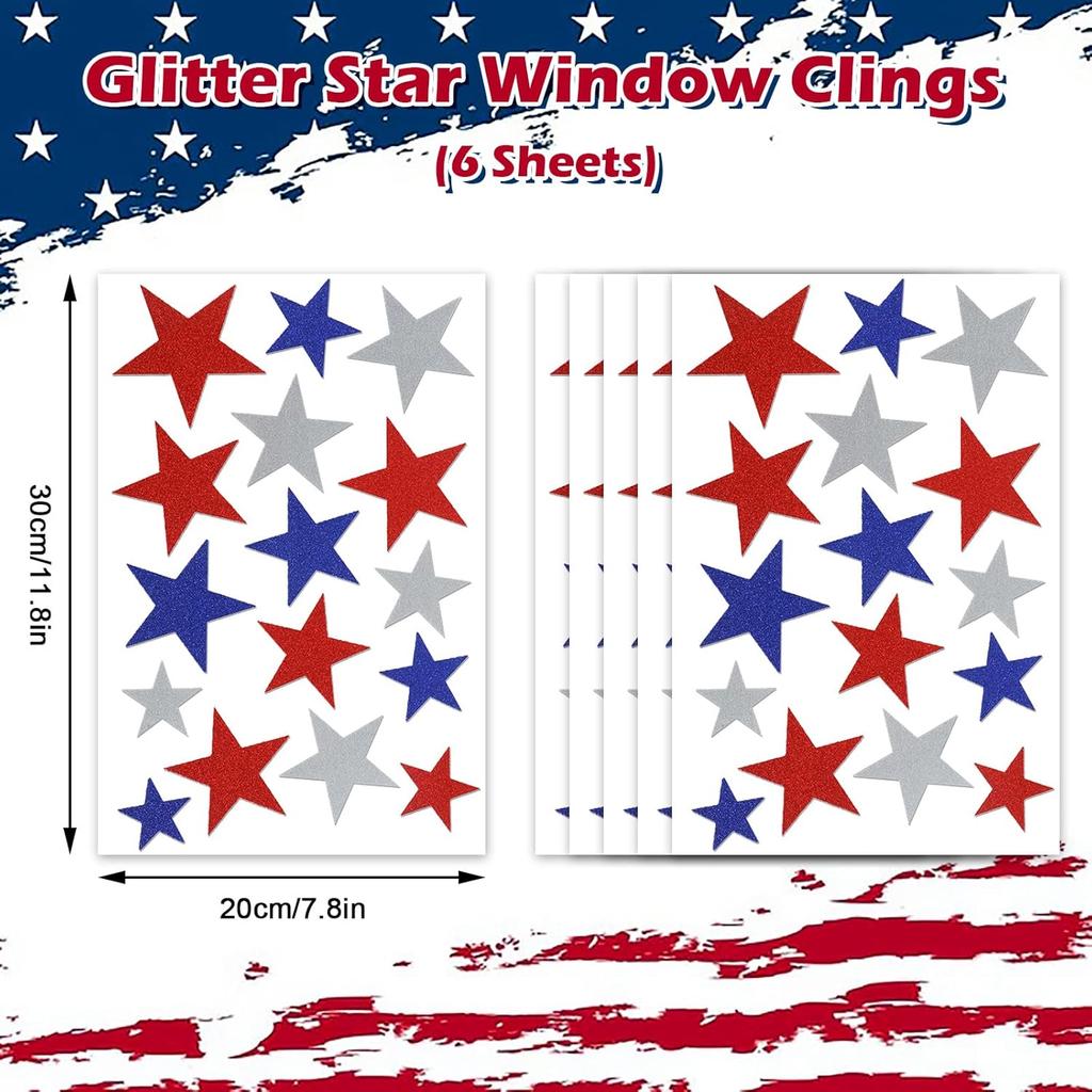 Whaline 6 Sheets Glitter Stars Window Clings Patriotic Glitter Blue Red White Stars Window Stickers Double-Sided 4th of July Window Decals for