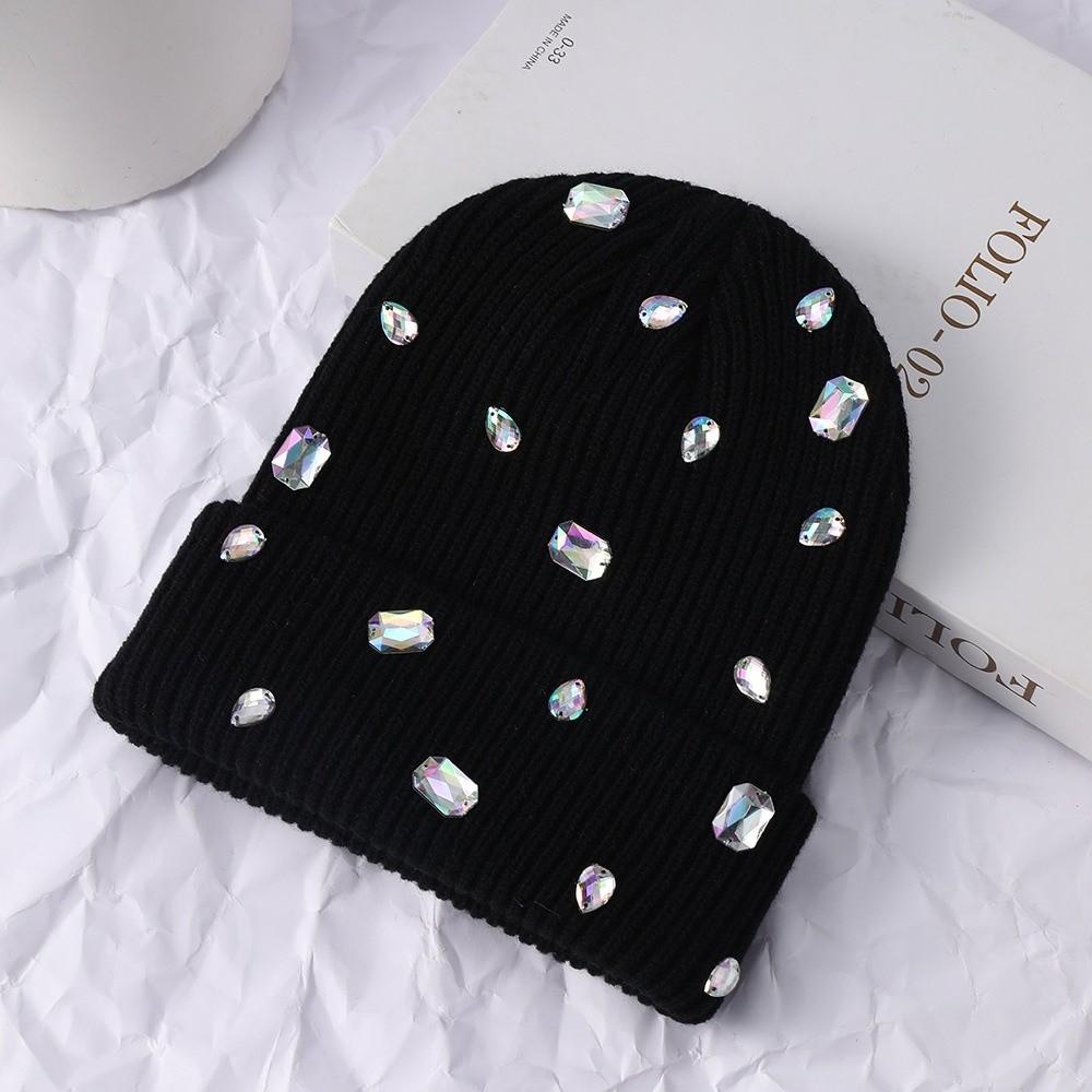 Rhinestone-embellished Pullover Knit Cap Solid Color Skull Cap Rhinestone-adorned Hat Winter