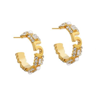 2026 Luxuriöse Creolen im französischen Stil Nummer 5 - 22 Karat Vergoldet mit Zirkonia und Perlen eingelegte Ohrstecker für Damen Pendler-Schmuck