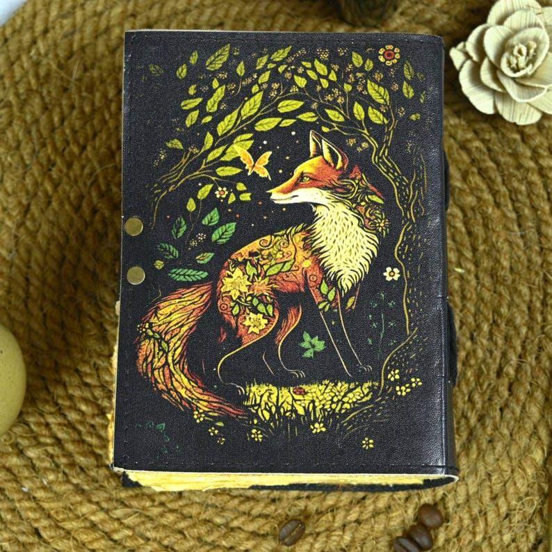 Handmade Fox Leather Journal –  Vintage Grimoire Book of Shadows, Rustic Fat Notebook, Witchcraft Gift for Men & Women