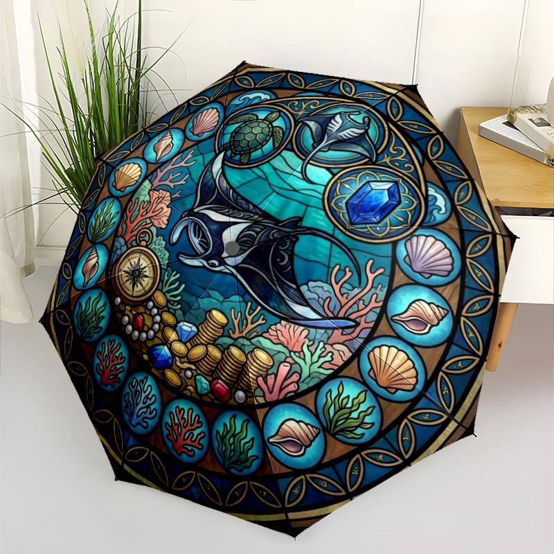 Ocean Treasure Glass Pattern Umbrella, Portable and Foldable Design, 8 Ribs, a Casual Accessory for Halloween, Christmas, and Birthday Gifts.