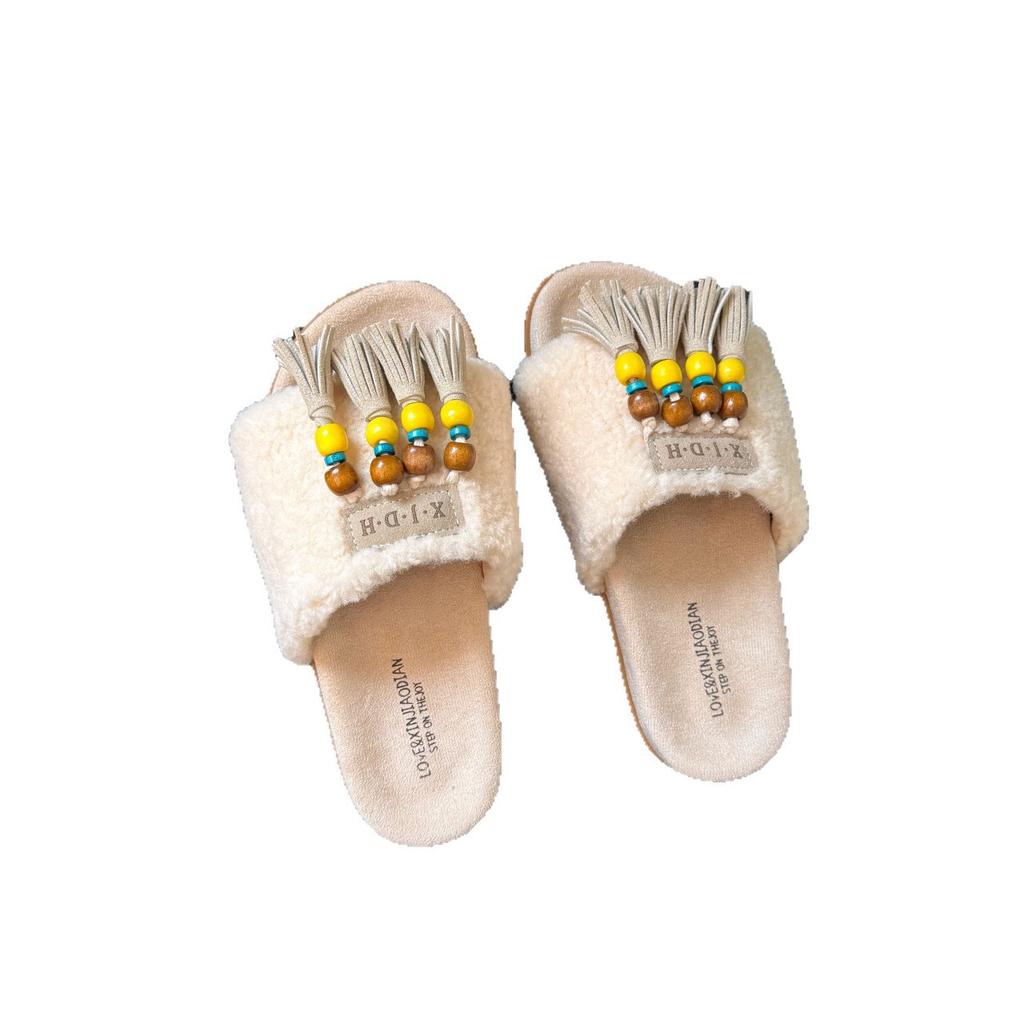Thick-bottomed ethnic style fringed beaded fluffy slippers women's 2025 autumn new outer wear casual lazy one-word slippers
