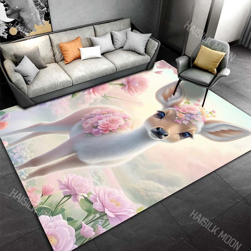 1PC Flower crowned fawn amid pastel blossoms Carpet for Living Room Bedroom Sofa Home Decor Rus Non-slip Floor Mat Luxury Gift