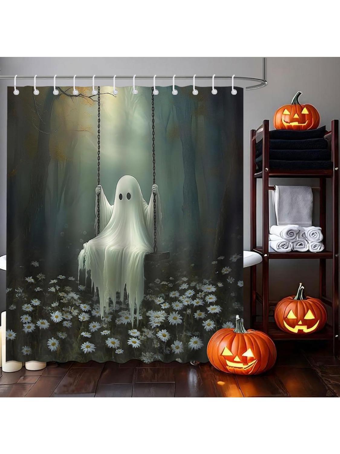 

Halloween Ghost Shower Curtain Funny Ghost Misty Forest Bathroom Shower Curtain Halloween Spooky Waterproof Fabric Showe W60H190(CM)-1 Pcs