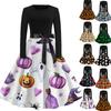 Women Casual Halloween Printed Round Neck Vintage Dress Long Sleeve Fit Flared Skirt Belted Waist Retro Style Dress for Autumn