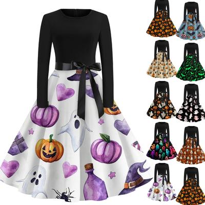 Damen Freizeit Halloween Print Rundhals Vintage Kleid Langarm Passform Ausgestellter Rock Mit Gürtel Taille Retro Stil Kleid für Herbst