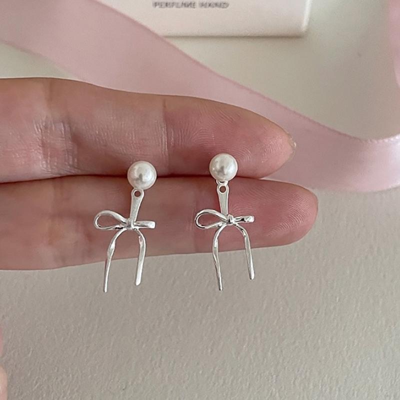 1Pair Korean Style  Pearl Bow Earrings For Women Girls High End Simple Elegant Ear Studs Wedding Party Jewelry Gift