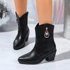 Luxury Crystal Metal Decoration Mid Calf Riding Boots Women 2025 Autumn Sexy Pointed Toe Medium Heel Boots Solid Black Booties
