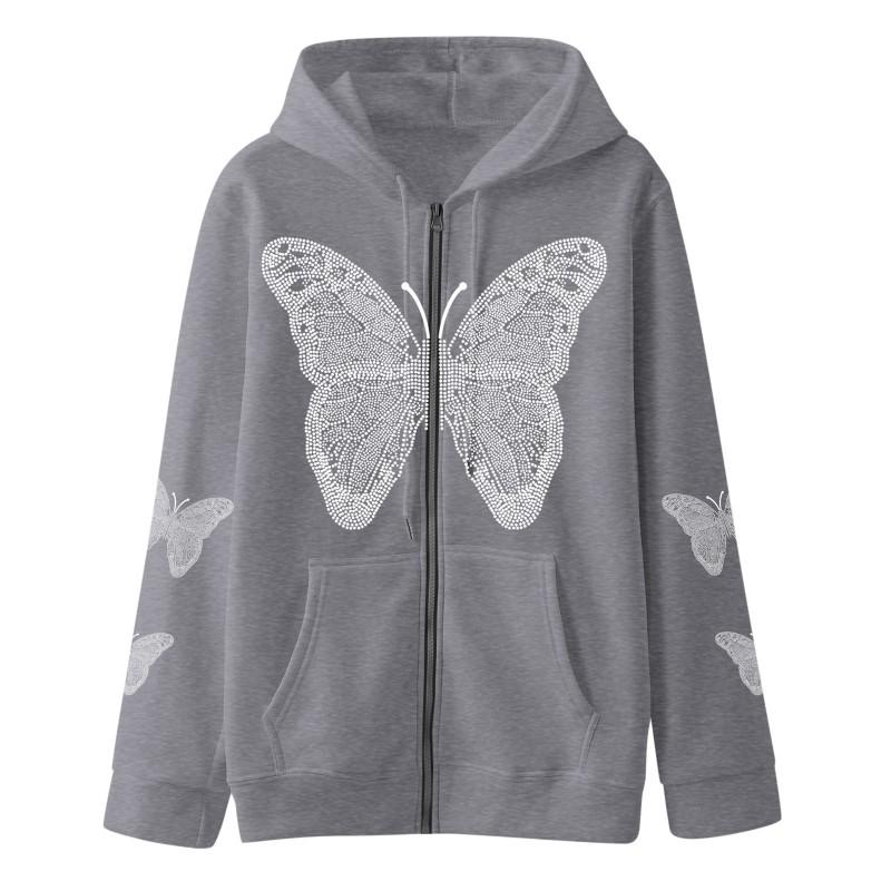 Womens Butterfly Print Zip Hoodie Streetwear Casual Comfort Loose Fit Sweatshirt