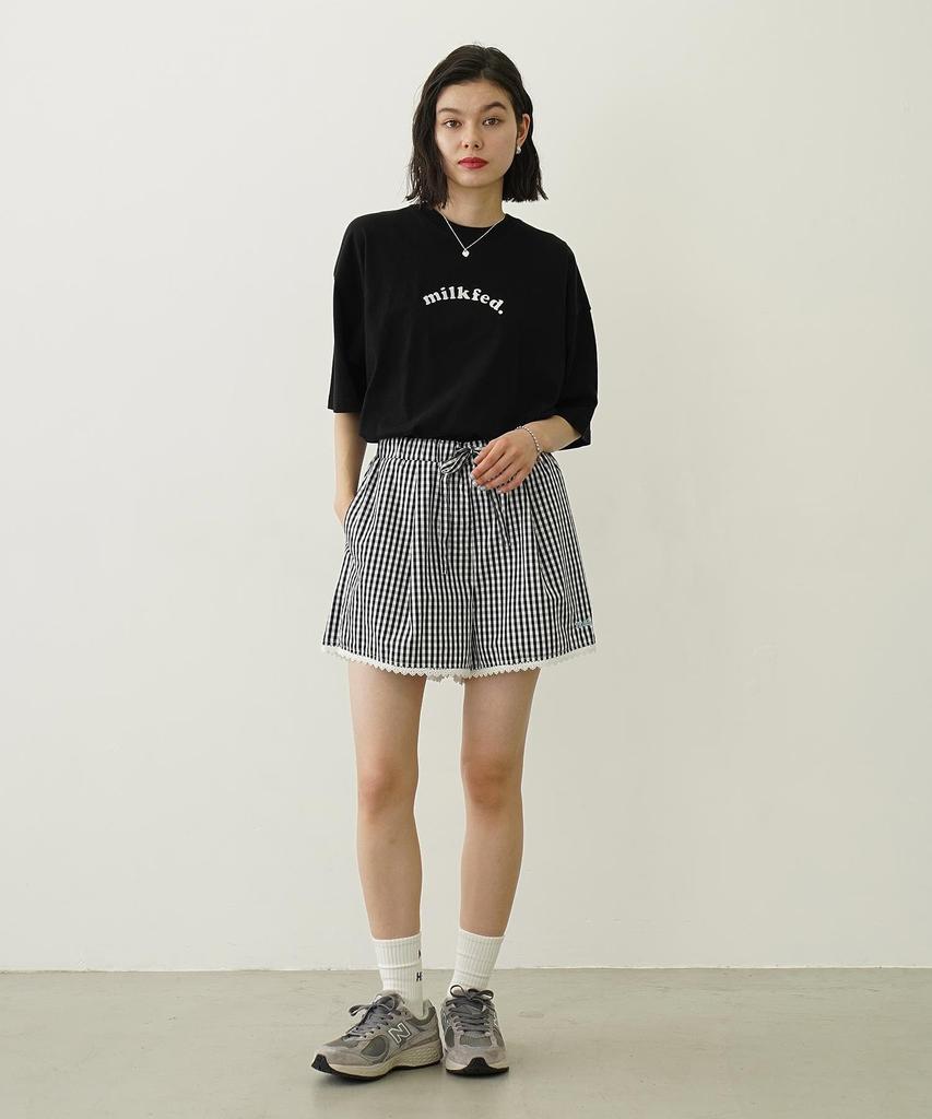Milkfed Casual PLAID HEART WIDE TEE BLACK S/S Women's