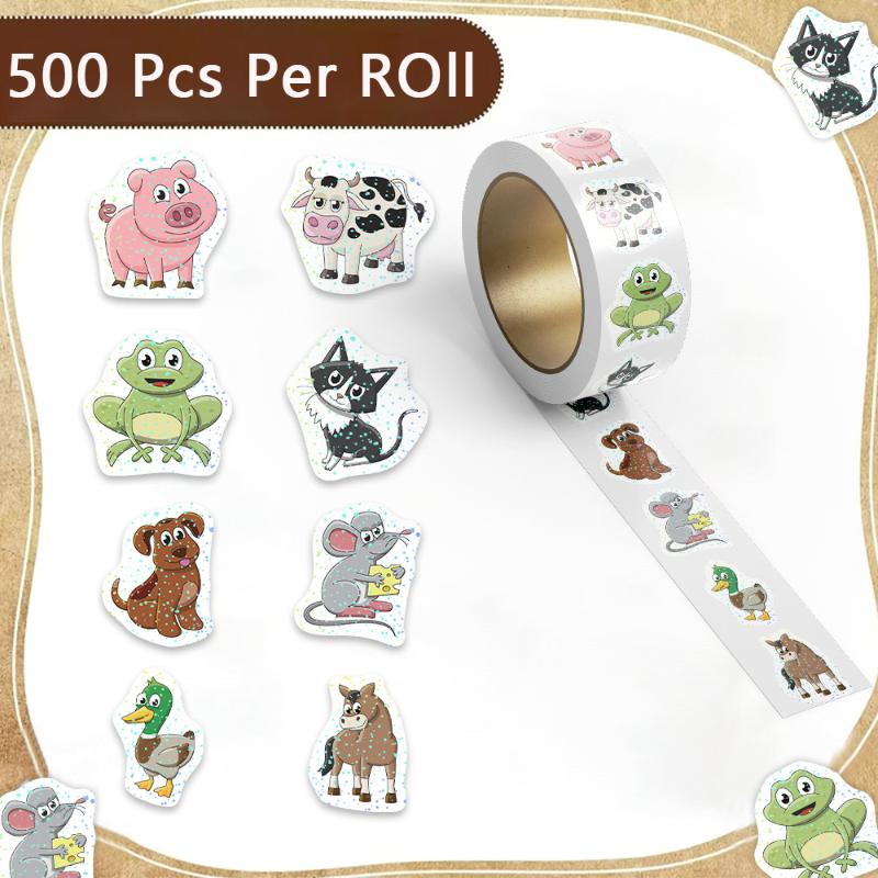 500Pcs/Roll Cute Animal Stickers Cartoon Self Adhesive Waterproof Decals Kids Diy Scrapbook Journal Reward Craft Decor Decals
