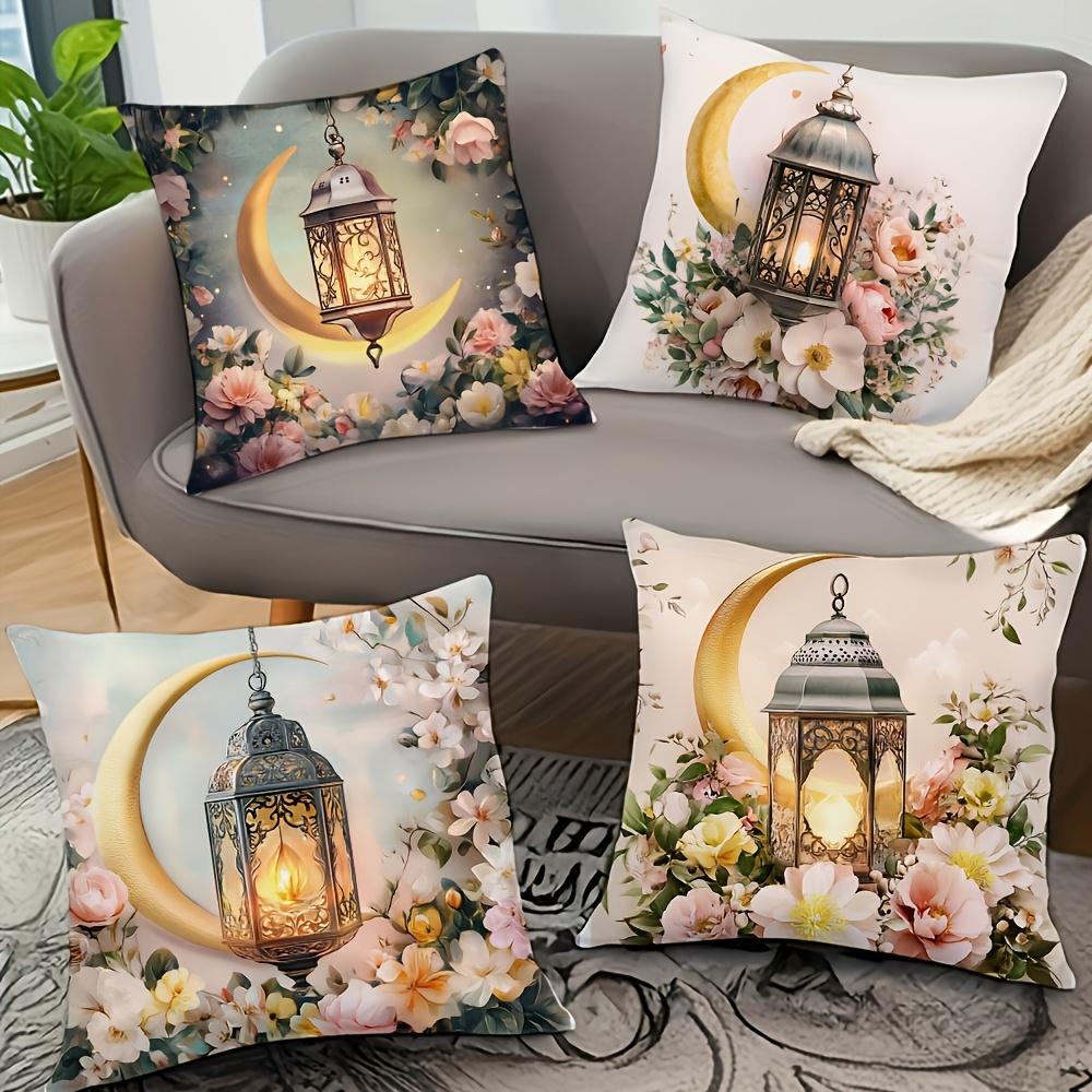 Ramadan Cushion Covers Lantern Floral Designs with Green Plants Printed Square Pillowcase Zipper Closure for Living Room Decor