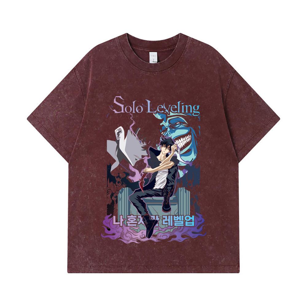 275 GSM Washed T-shirts 100% Cotton Solo Leveling V6 Print Unisex Heavy Cotton T Shirt