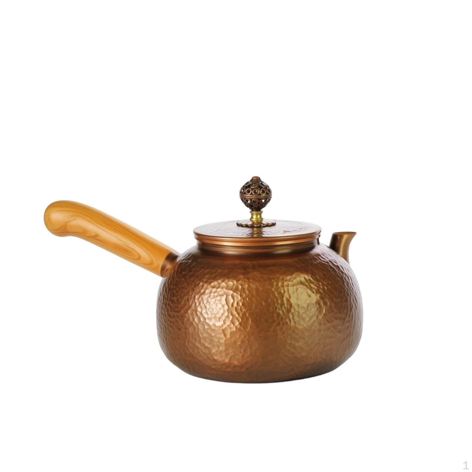 Copper Tea Kettle with Wooden Handle Sturdy SideHandle Compact Patina