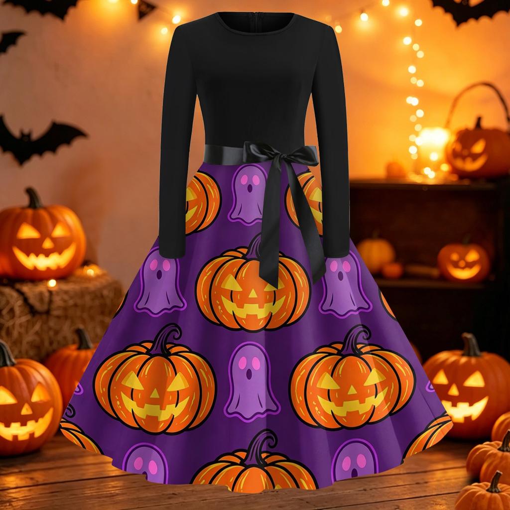 Womens Casual Fit and Flare Dress Long Sleeve Round Neck Halloween Print Dress with Flared Skirt and Waist Tie Belt